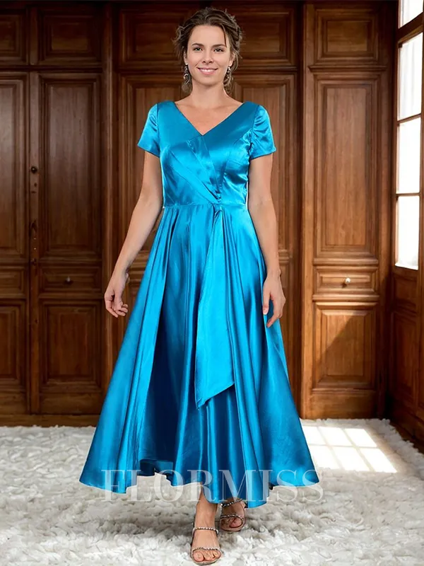 A-line V-neck Short Sleeves Pleated Ankle-Length Silk Like Satin Mother of the Bride Dress