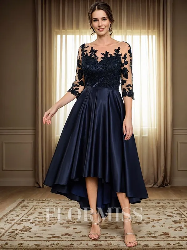 A-line Bateau 3/4 Sleeves Appliques Lace Asymmetrical Satin Mother of the Bride Dress