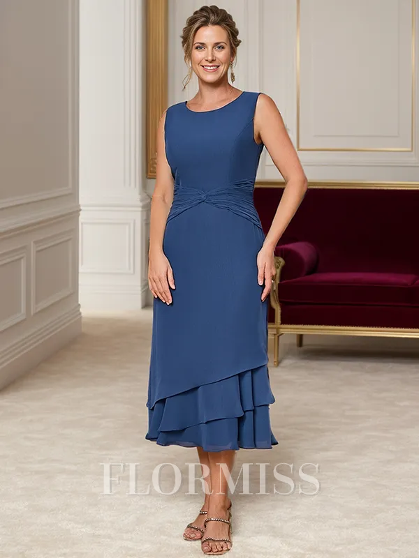 A-line Scoop Pleated Tea-Length Chiffon Mother of the Bride Dress
