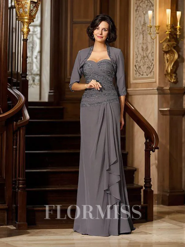 Sheath/Column Sweetheart Sweep Train Chiffon Mother of the Bride Dresses With Beading