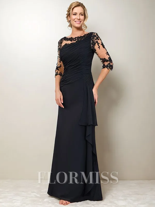 Sheath Scoop 1/2 Sleeves Appliques Lace Floor-Length Chiffon Mother of the Bride Dress