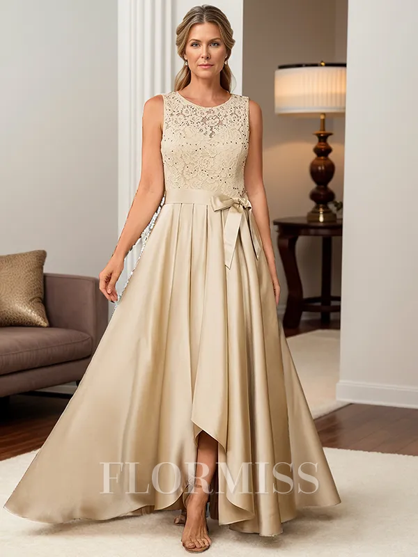 A-line Scoop Appliques Lace Asymmetrical Satin Mother of the Bride Dress