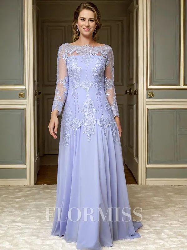 A-line Bateau Long Sleeves Appliques Lace Sweep Train Chiffon Mother of the Bride Dress