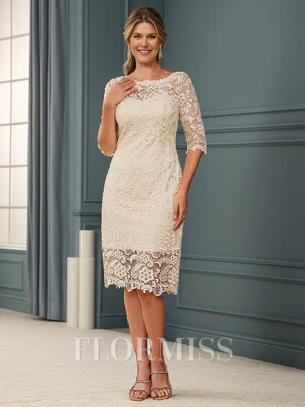Sheath Bateau 3/4 Sleeves Knee-Length Lace Mother of the Bride Dress