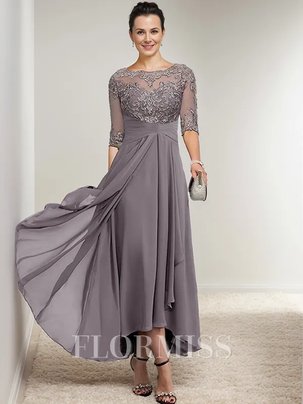 A-Line Bateau 1/2 Sleeves Applique Asymmetrical Chiffon Mother of the Bride Dress
