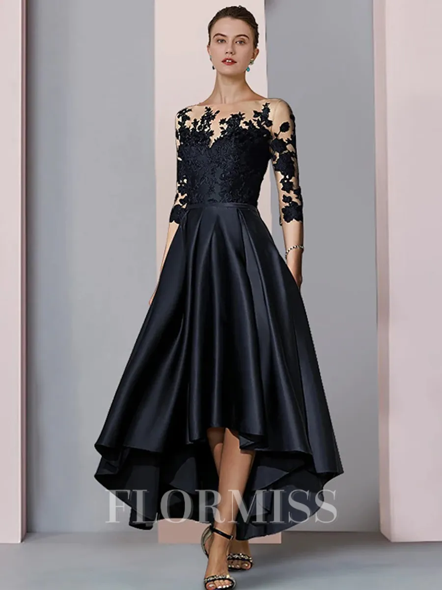 A-Line Bateau 3/4 Sleeves Applique Asymmetrical Satin Mother of the Bride Dress