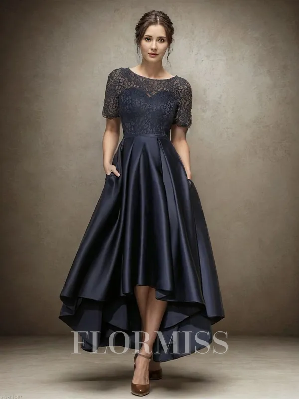A-Line Bateau Short Sleeves Appliques Lace Asymmetrical Satin Mother of the Bride Dress