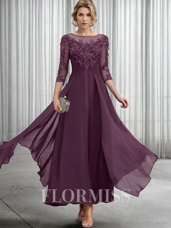 A-Line Bateau 3/4 Sleeves Applique Ankle-Length Chiffon Mother of the Bride Dress
