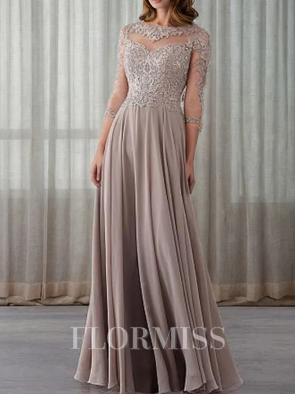 A-Line Bateau 3/4 Sleeves Applique Floor-Length Chiffon Mother of the Bride Dress