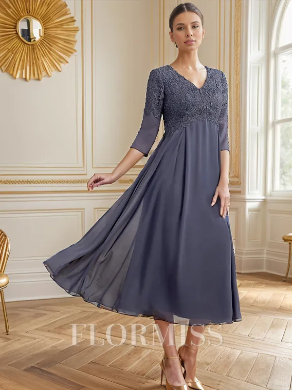 A-line V-neck 3/4 Sleeves Appliques Lace Tea-Length Chiffon Mother of the Bride Dress