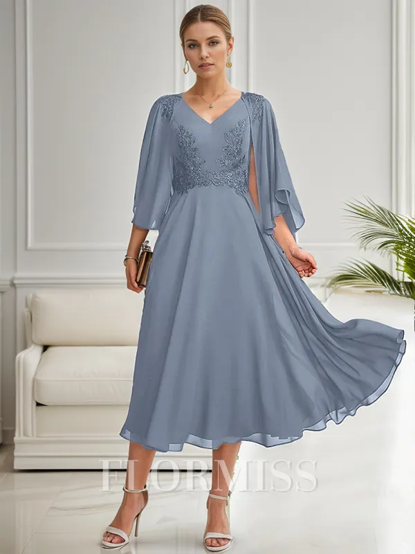 A-line V-neck 3/4 Sleeves Appliques Lace Tea-Length Chiffon Mother of the Bride Dress