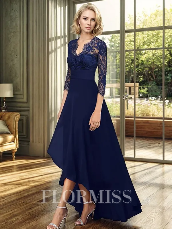 A-line V-neck 3/4 Sleeves Appliques Lace Asymmetrical Chiffon Mother of the Bride Dress