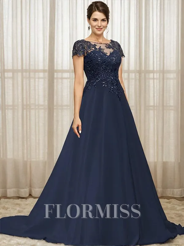 A-line Scoop Short Sleeves Appliques Lace Sweep Train Chiffon Mother of the Bride Dress