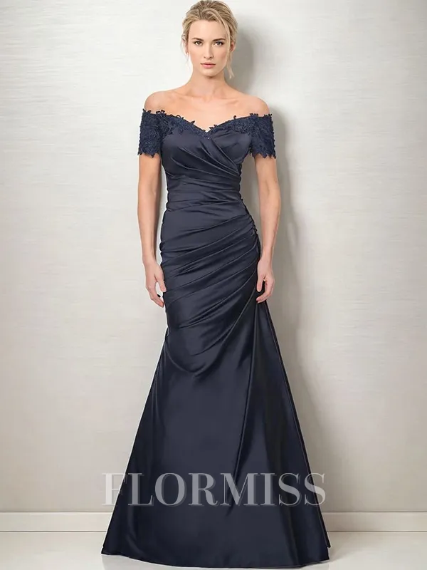 Sheath Off-the-Shoulder Short Sleeves Pleated Floor-Length Satin Mother of the Bride Dress
