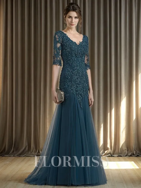 Sheath V-neck 1/2 Sleeves Appliques Lace Sweep Train Tulle Mother of the Bride Dress