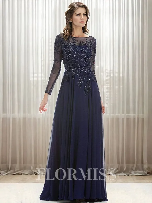 A-line Bateau Long Sleeves Appliques Lace Floor-Length Tulle Mother of the Bride Dress