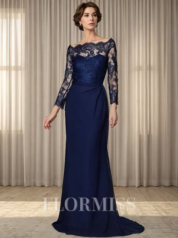 Sheath Bateau Long Sleeves Appliques Lace Sweep Train Stretch Crepe Mother of the Bride Dress