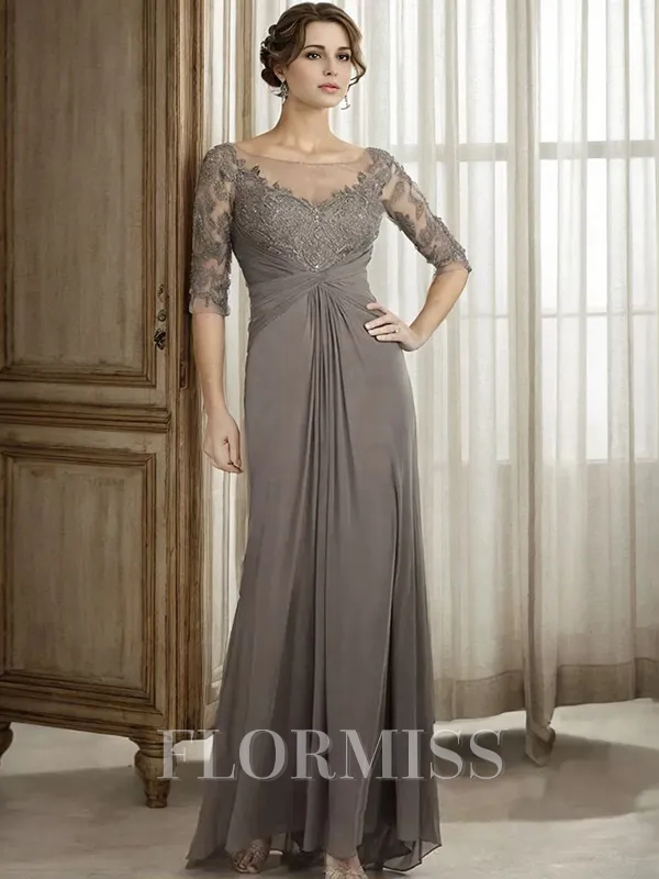 Sheath Scoop 3/4 Sleeves Appliques Lace Floor-Length Chiffon Mother of the Bride Dress