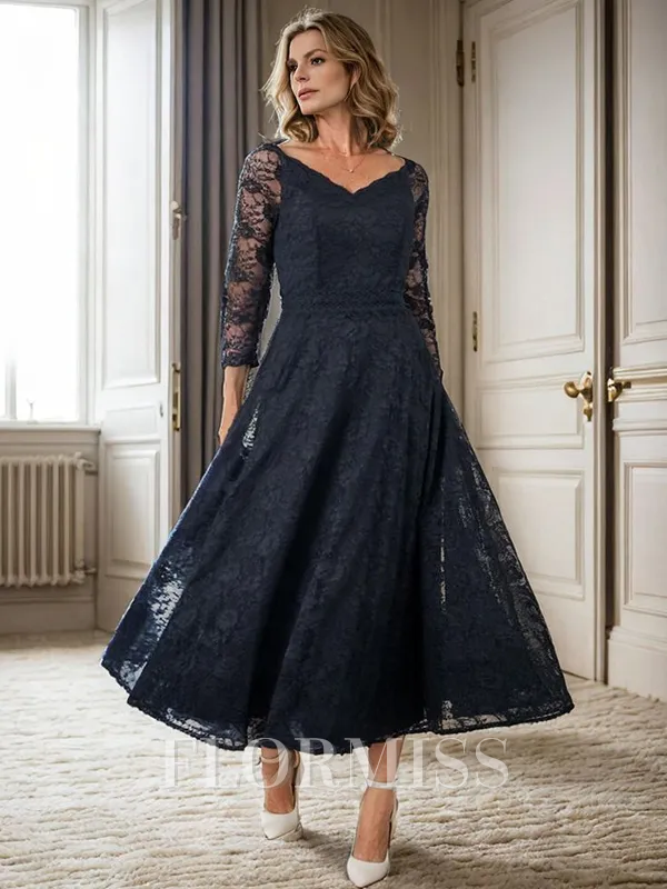 A-line V-neck 3/4 Sleeves Ruffles Tea-Length Lace Mother of the Bride Dress