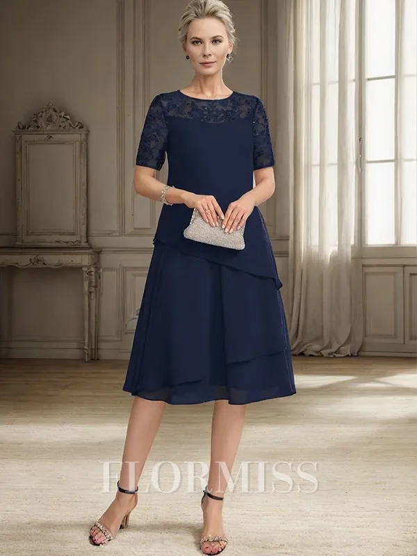A-line Scoop Short Sleeves Appliques Lace Tea-Length Chiffon Mother of the Bride Dress