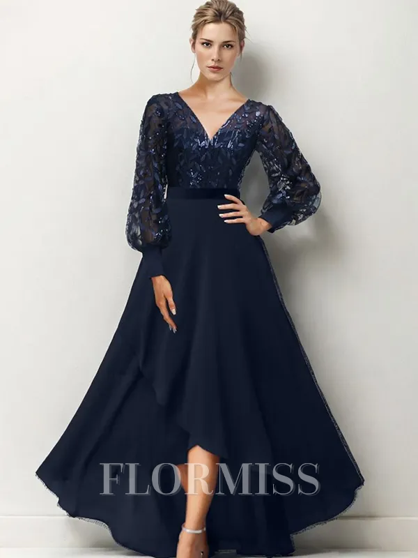 A-line V-neck Long Sleeves Ruffles Asymmetrical Chiffon Mother of the Bride Dress