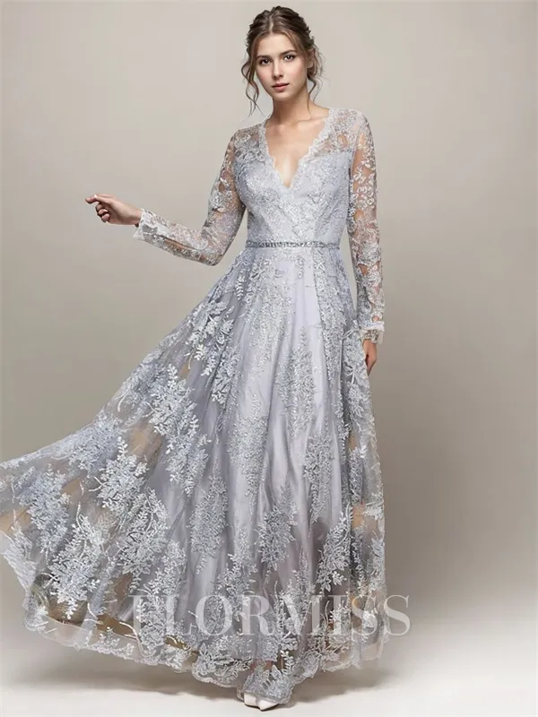 A-line V-neck Long Sleeves Ruffles Floor-Length Lace Mother of the Bride Dress