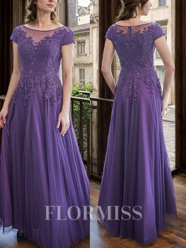 A-line Bateau Short Sleeves Appliques Lace Floor-Length Tulle Mother of the Bride Dress