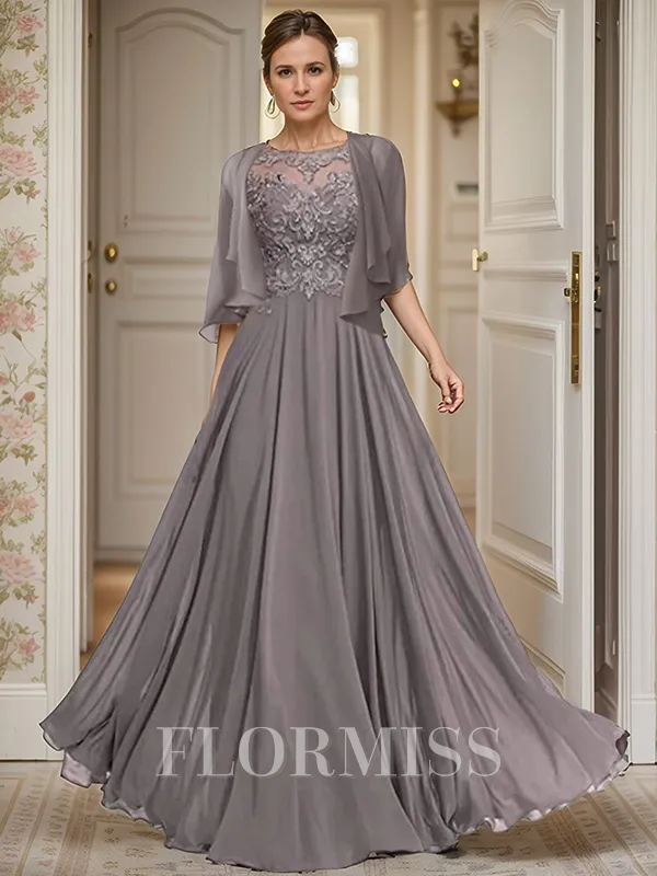 A-line Bateau 1/2 Sleeves Appliques Lace Floor-Length Chiffon Mother of the Bride Dress