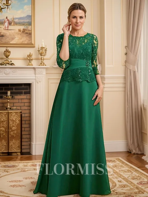 A-line Scoop 3/4 Sleeves Appliques Lace Floor-Length Chiffon Mother of the Bride Dress