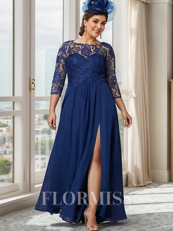 A-line Bateau 3/4 Sleeves Appliques Lace Floor-Length Chiffon Mother of the Bride Dress