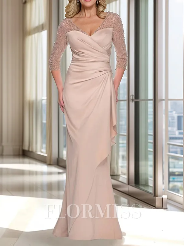 Sheath V-neck 3/4 Sleeves Pleated Floor-Length Charmeuse Mother of the Bride Dress
