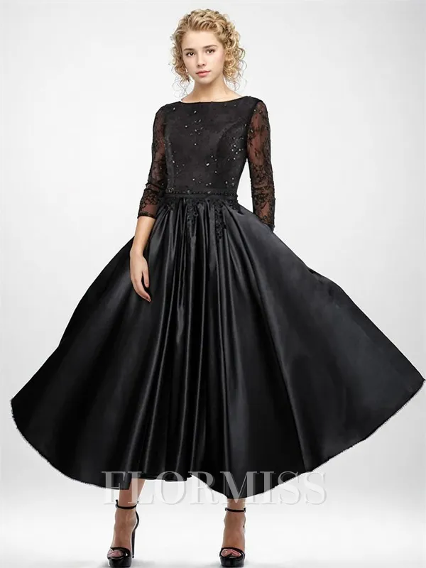 A-line Bateau 3/4 Sleeves Ruffles Tea-Length Satin Mother of the Bride Dress
