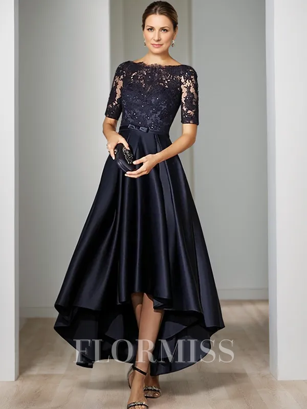 A-line Bateau 1/2 Sleeves Appliques Lace Ankle-Length Satin Mother of the Bride Dress