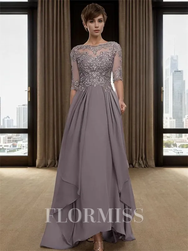 A-line Bateau 1/2 Sleeves Appliques Lace Asymmetrica Chiffon Mother of the Bride Dress