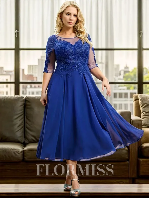 A-line Bateau 1/2 Sleeves Appliques Lace Tea-Length Chiffon Mother of the Bride Dress