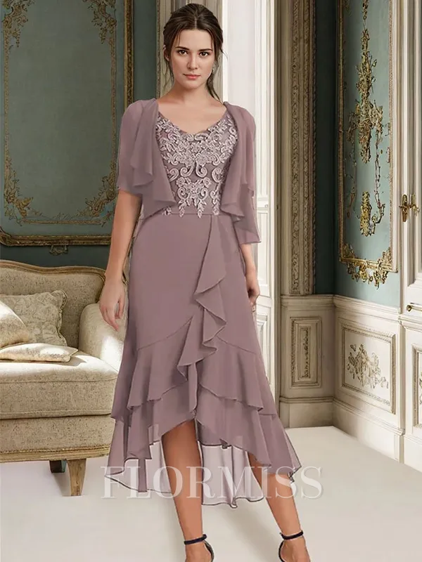 A-line V-neck 1/2 Sleeves Appliques Lace Asymmetrica Chiffon Mother of the Bride Dress
