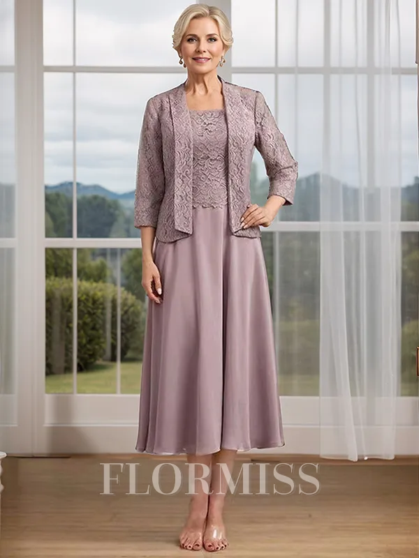 A-line Square 3/4 Sleeves Ruffles Tea-Length Chiffon Mother of the Bride Dress