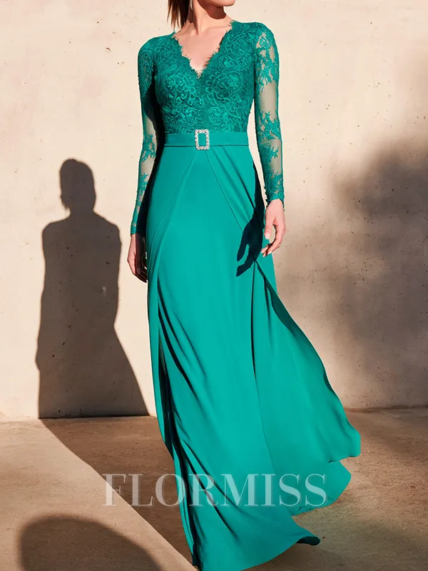 A-line V-neck Long Sleeves Appliques Lace Sweep Train Chiffon Mother of the Bride Dress