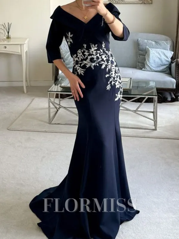 Sheath V-neck 1/2 Sleeves Appliques Lace Sweep Train Stretch Crepe Mother of the Bride Dress