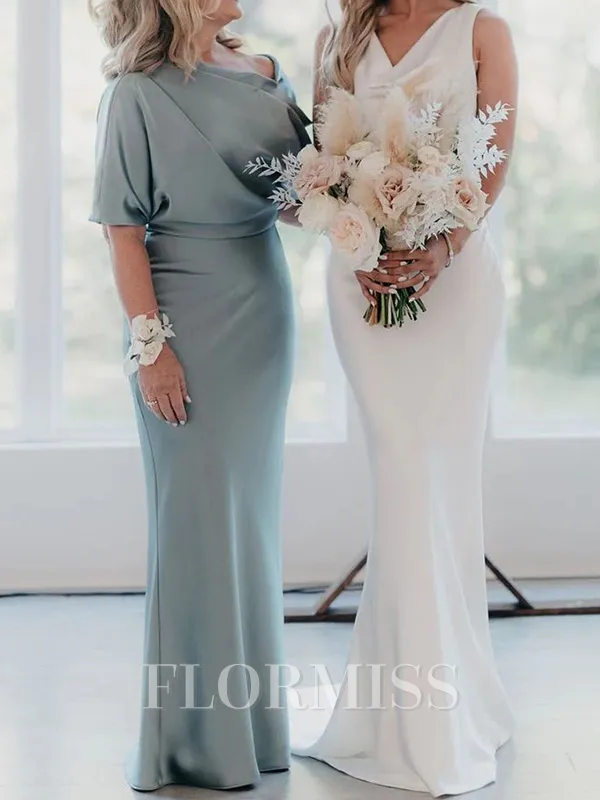 Sheath One-Shoulder 1/2 Sleeves Pleated Floor-Length Silk Like Satin Mother of the Bride Dress