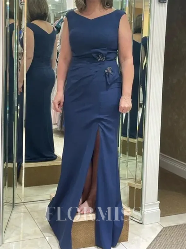 Sheath V-neck Pleated Floor-Length Silk Like Satin Mother of the Bride Dress