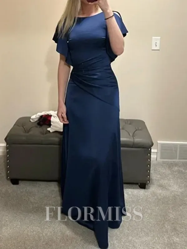 Sheath Bateau Short Sleeves Pleated Floor-Length Silk Like Satin Mother of the Bride Dress