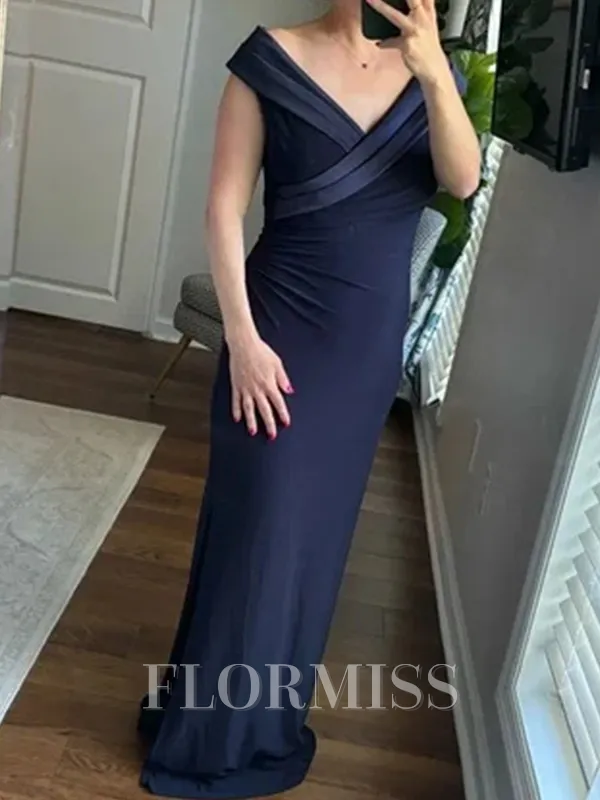 Sheath V-neck Pleated Floor-Length Jersey Mother of the Bride Dress