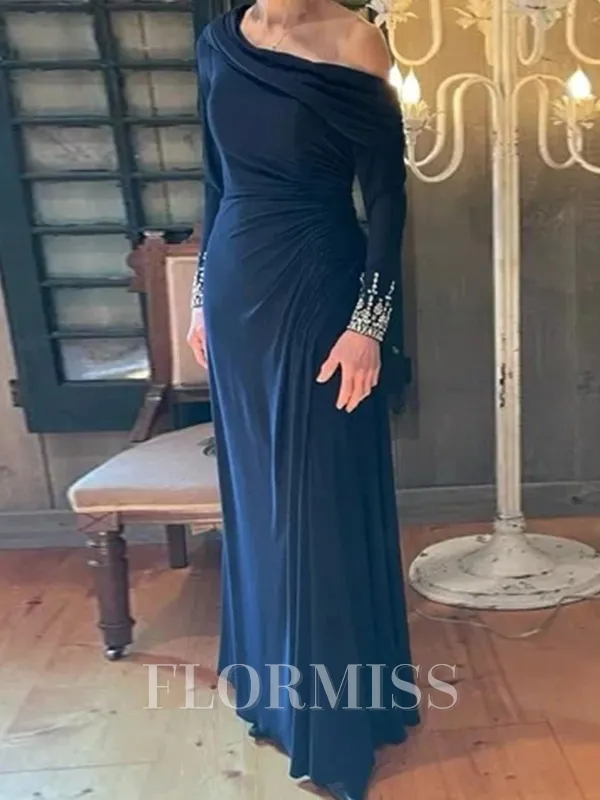Sheath One-Shoulder Long Sleeves Pleated Floor-Length Jersey Mother of the Bride Dress