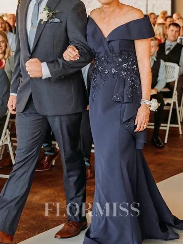 Sheath V-neck Appliques Lace Sweep Train Stretch Crepe Mother of the Bride Dress