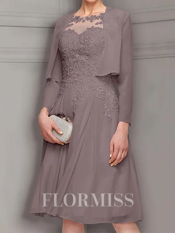 A-line Bateau Appliques Lace Knee-Length Chiffon Mother of the Bride Dress
