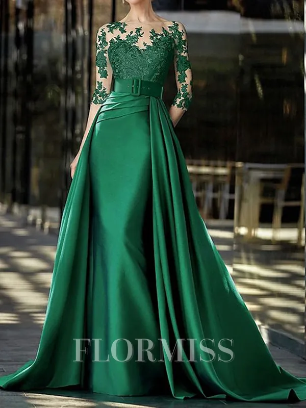 Sheath/Column Satin Scoop Long Sleeves Court Train Dress