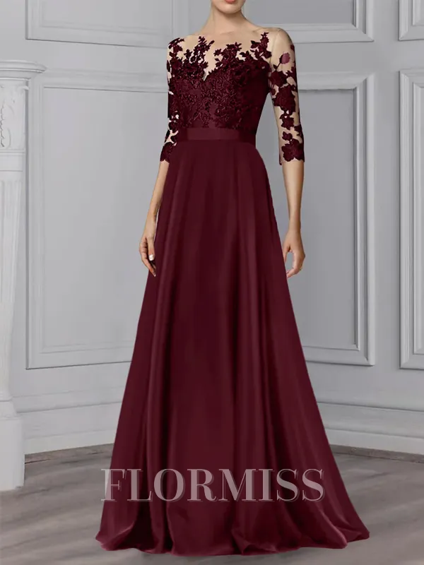 A-line/Princess Stretch Crepe Scoop Long Sleeves Floor-Length Dress