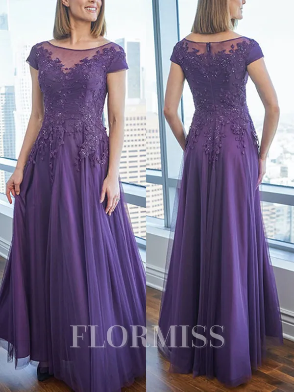 A-line/Princess Tulle Scoop Cap Sleeves Floor-Length Dress