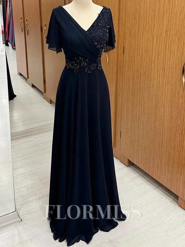 A-line V-neck Short Sleeves Appliques Lace Floor-Length Chiffon Mother of the Bride Dress